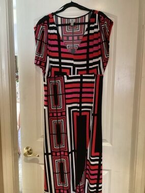 Worthington Geometric V-Neck High-Low Faux Wrap Maxi Dress Size Large